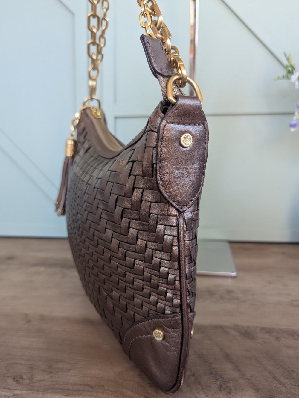 Cole Haan Bronze Woven Leather Shoulder Bag with Gold Chain - Picture 4 of 14